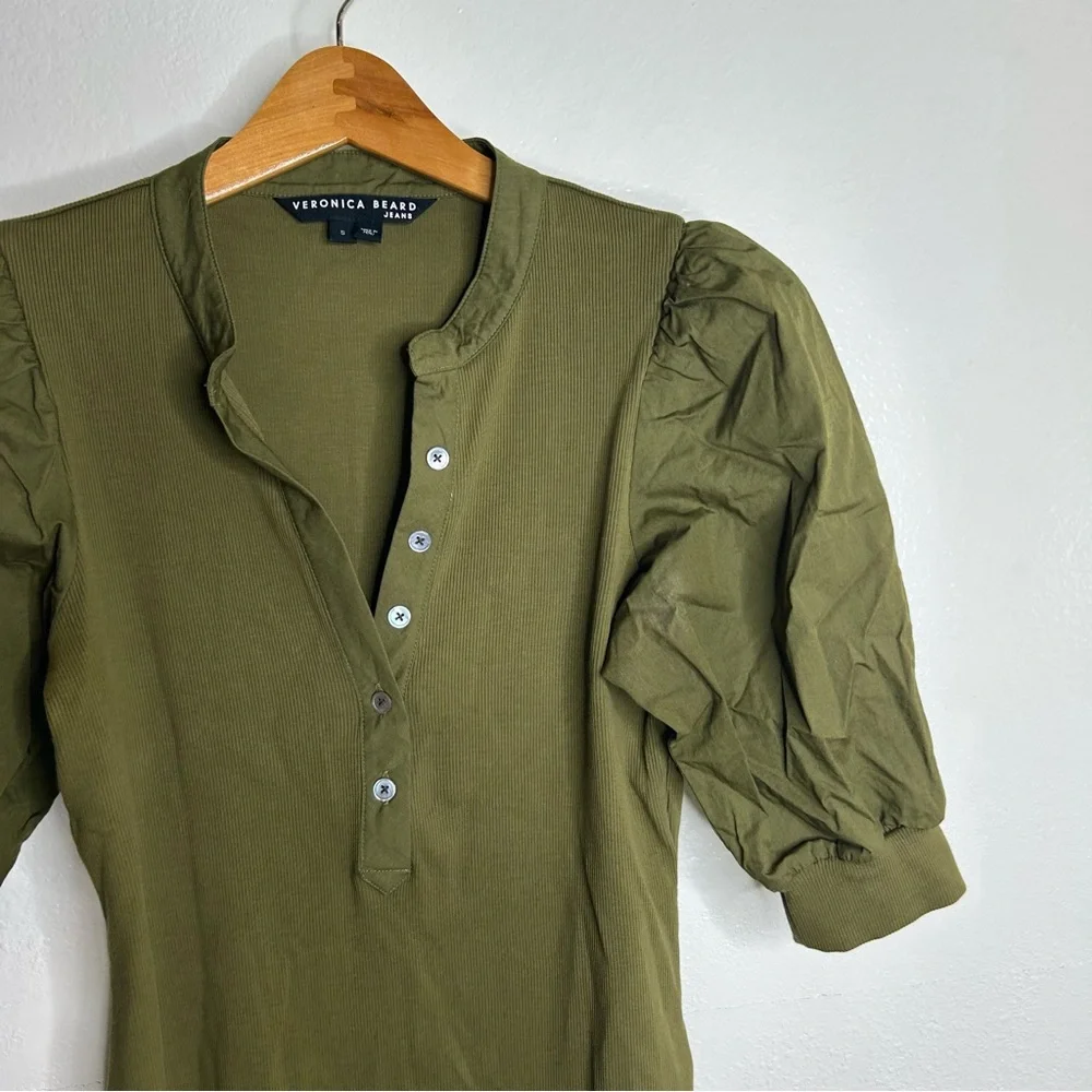 Veronica Beard Coralee High Volume Poplin Puff Sleeve Pima Cotton Green Top S